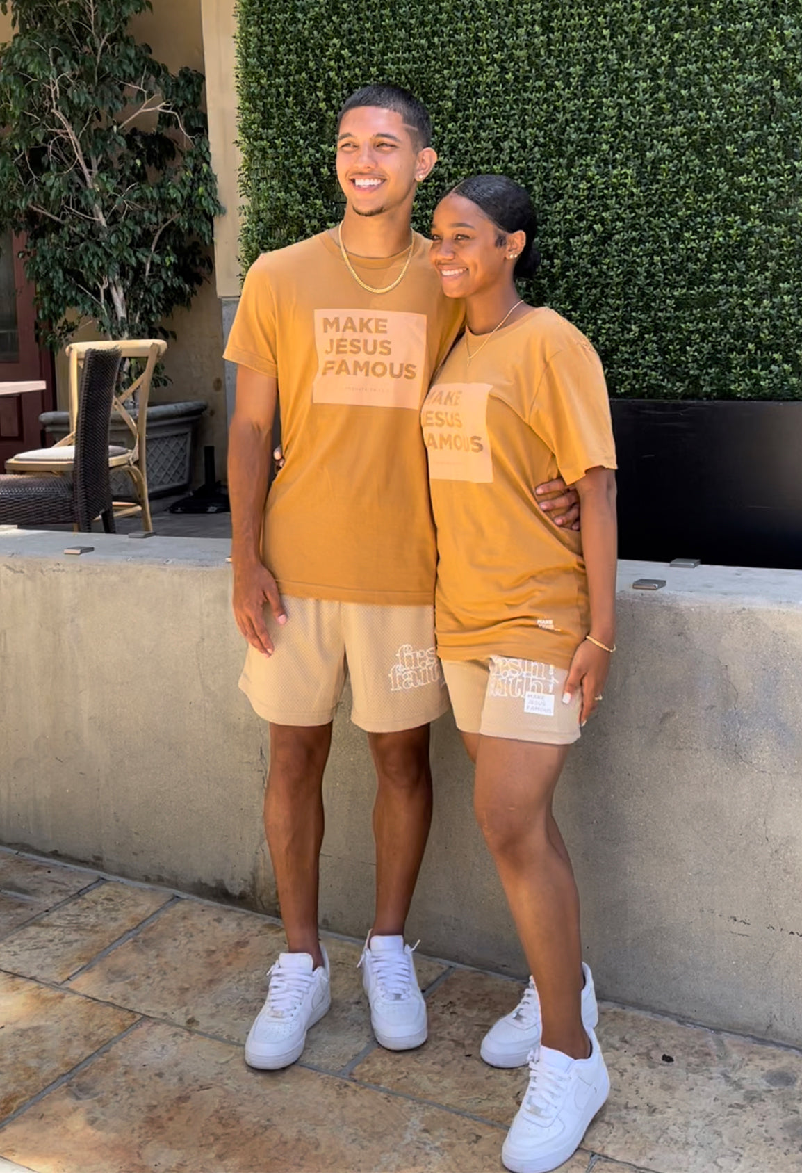 FrshFaith Make Jesus Famous Toast & Terracotta tee, with mesh shorts