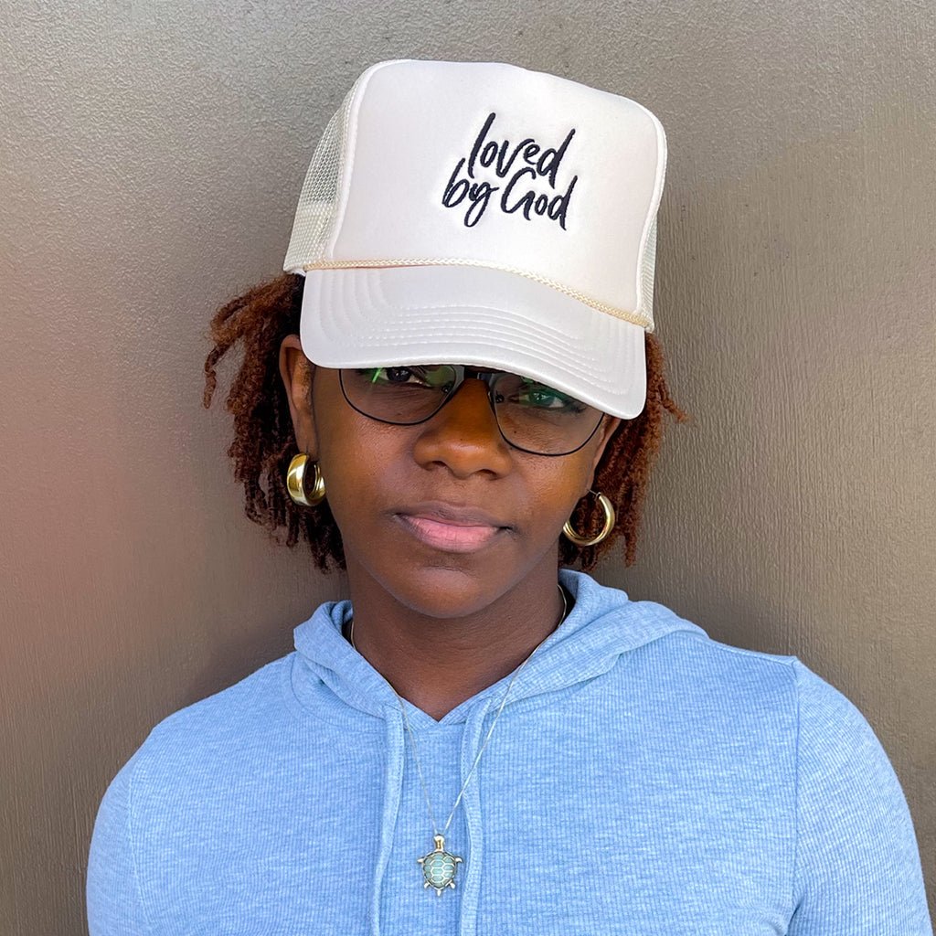 Loved by God Scripted Trucker Hats