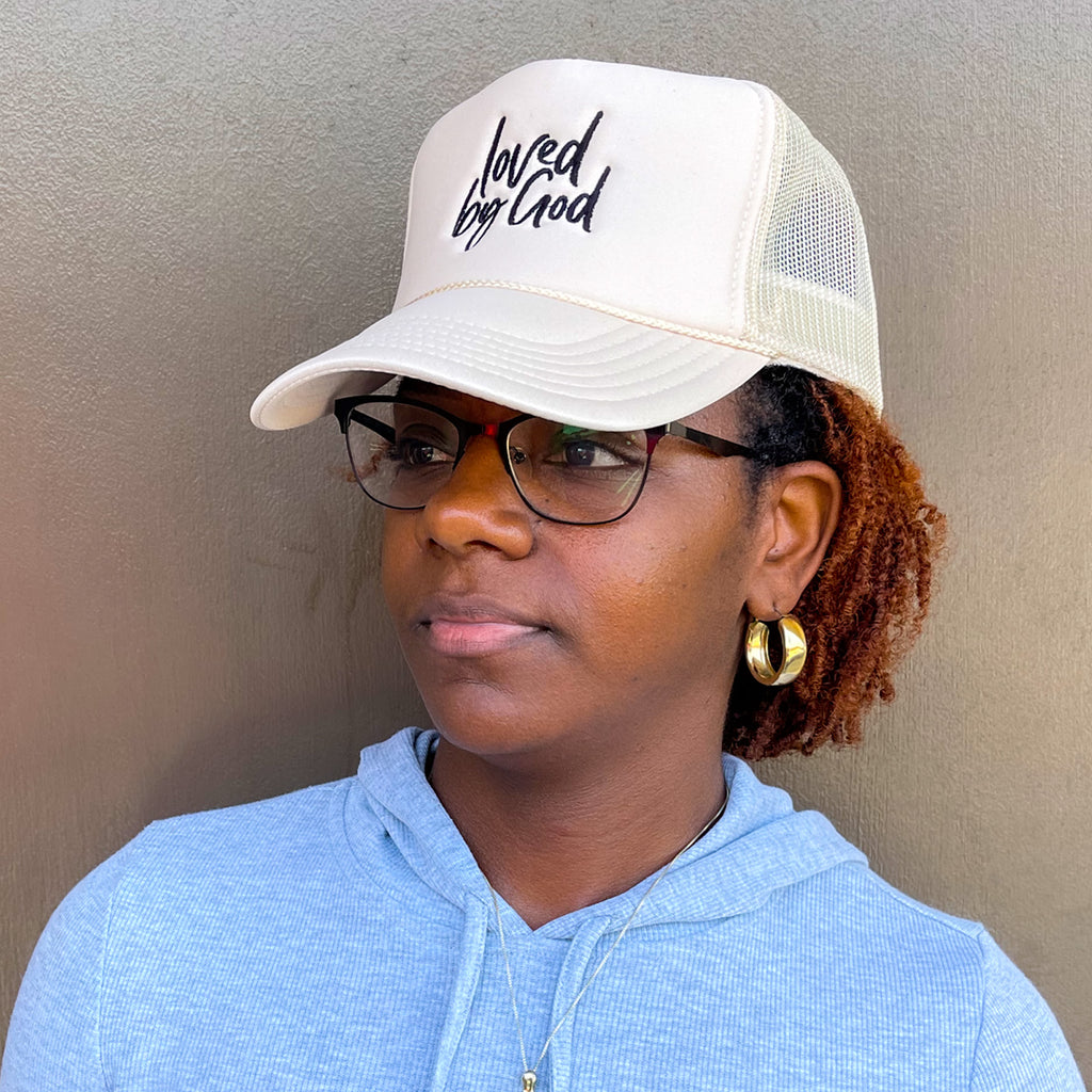 Loved by God Scripted Trucker Hats