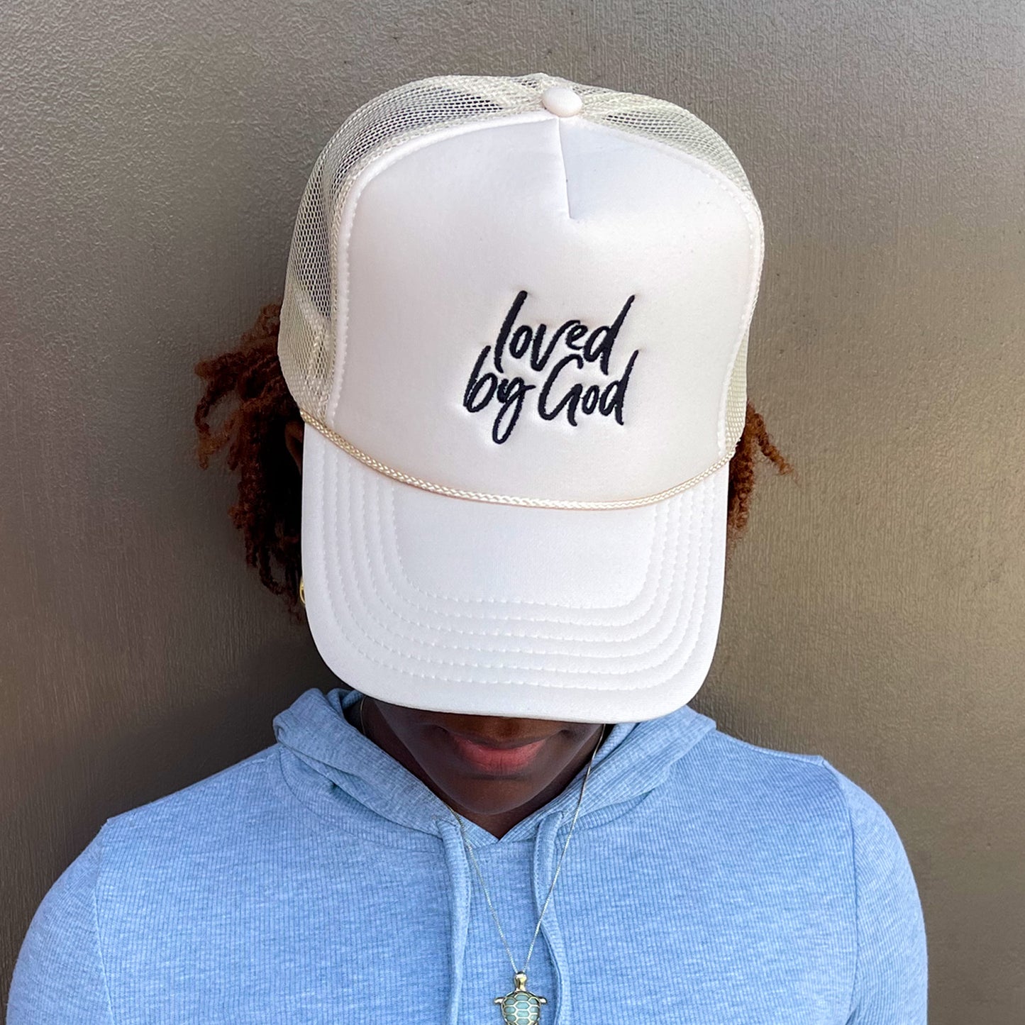 Loved by God Scripted Trucker Hats