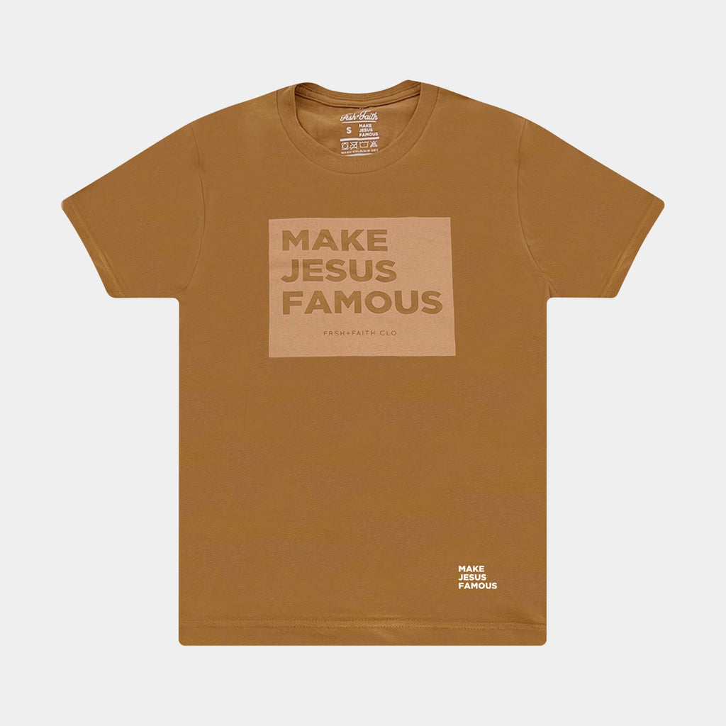 A FrshFaith Make Jesus Famous Toast & Terracotta tee, with hoochie daddy/mesh shorts 👌🏾. ❤️✝️🕊