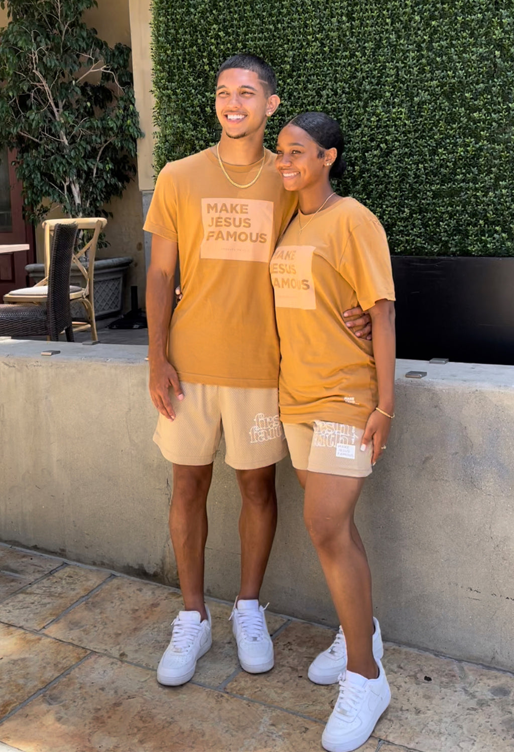 FrshFaith Make Jesus Famous Toast & Terracotta tee, with mesh shorts