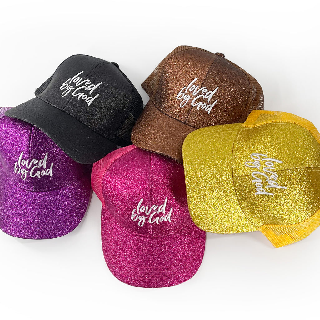 Loved by God Glitter Trucker Hats