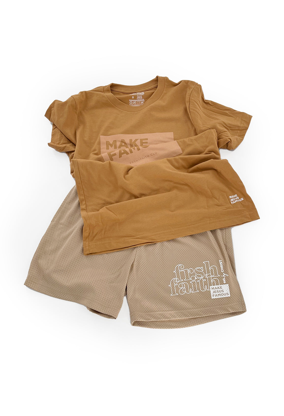 A FrshFaith Make Jesus Famous Toast & Terracotta tee, with mesh shorts 👌🏾. ❤️✝️🕊