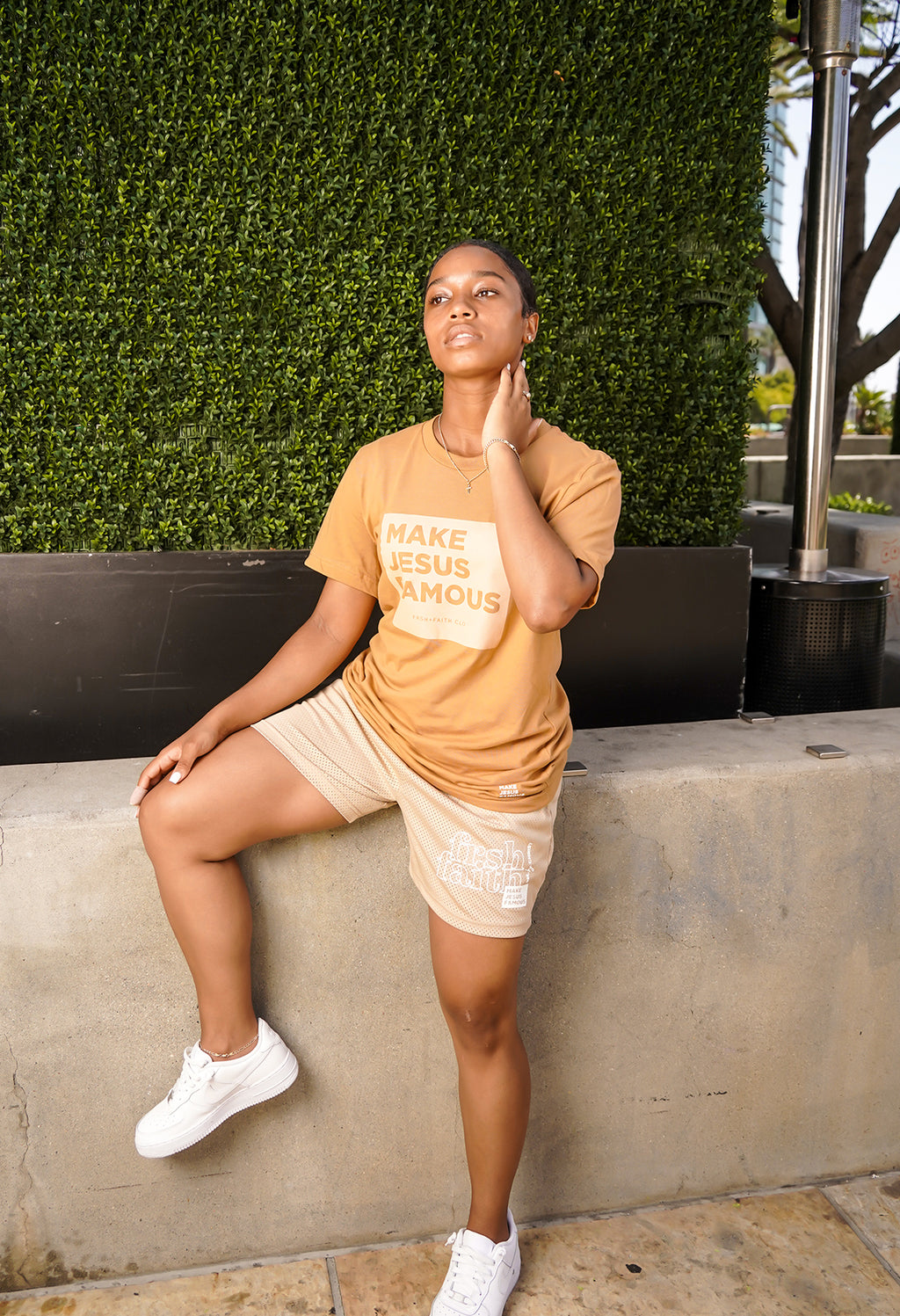FrshFaith Make Jesus Famous Toast & Terracotta tee, with mesh shorts