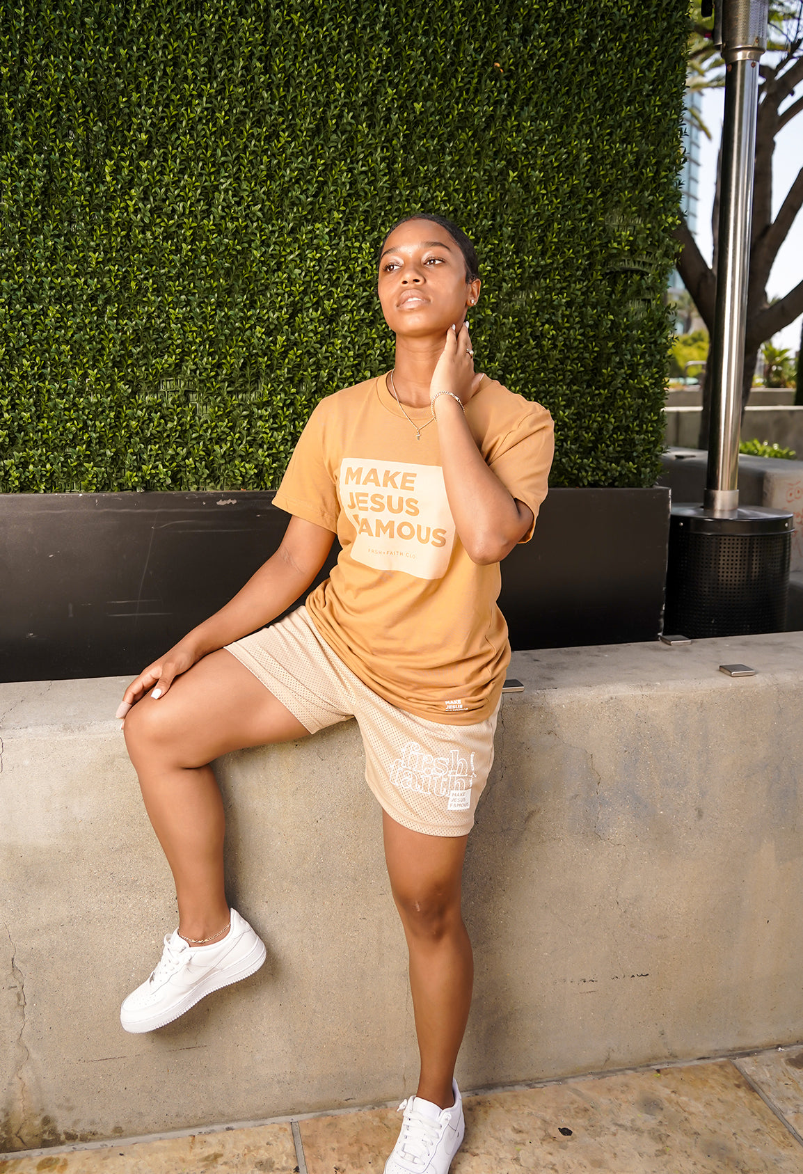 FrshFaith Make Jesus Famous Toast & Terracotta tee, with mesh shorts